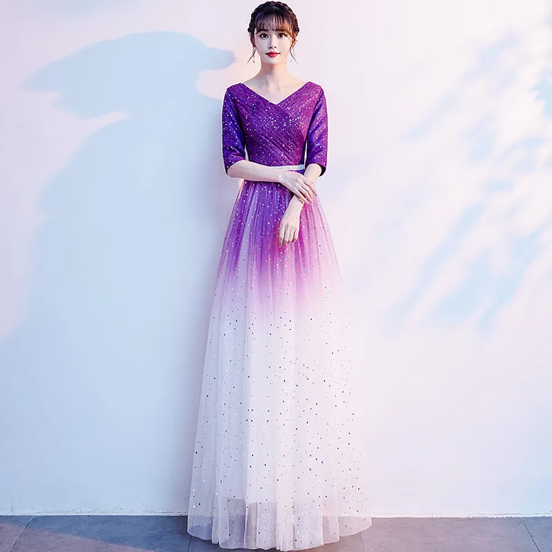 Gradient Purple and White V-neckline Short Sleeves Party Dresses, A-line Floor Length Bridesmaid Dress