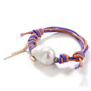 Grapefruit Baroque Pearl Gold Heart, Chain and Diamond Leather Bracelet