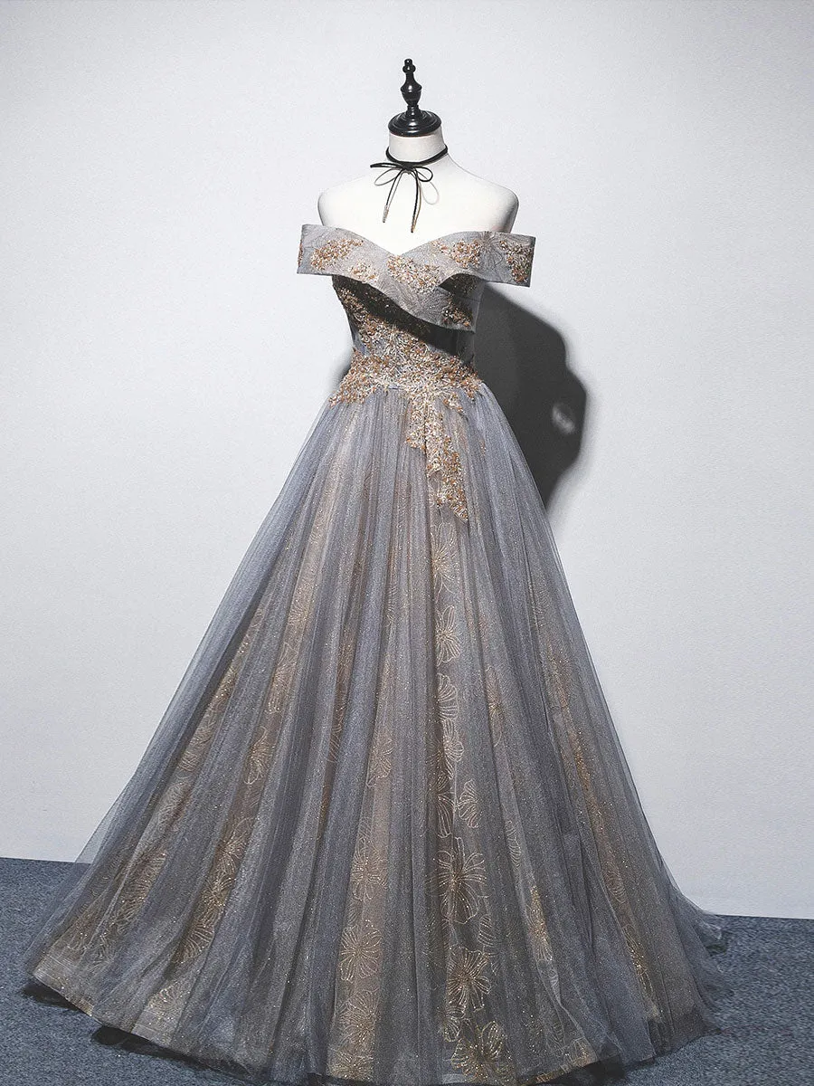 Gray A line tulle lace long prom dress gray tulle formal dress