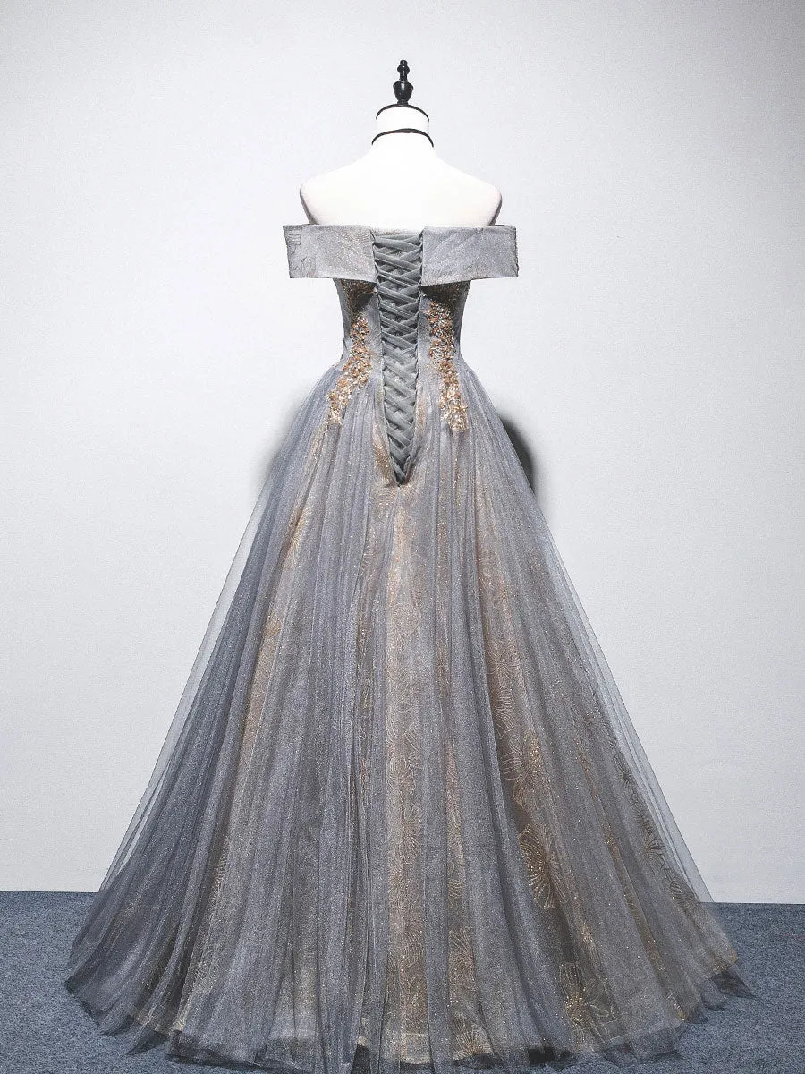 Gray A line tulle lace long prom dress gray tulle formal dress