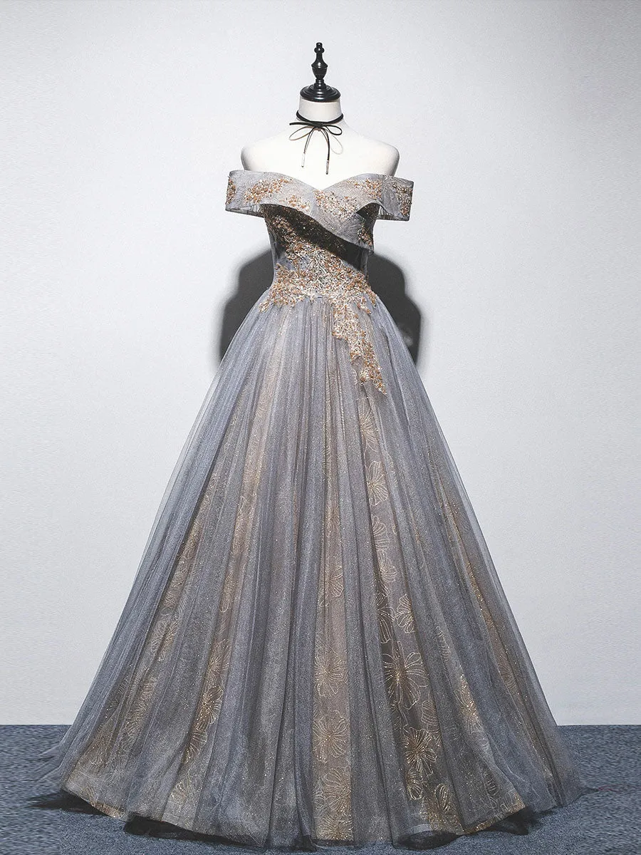 Gray A line tulle lace long prom dress gray tulle formal dress