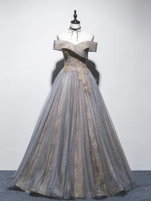Gray A line tulle lace long prom dress gray tulle formal dress