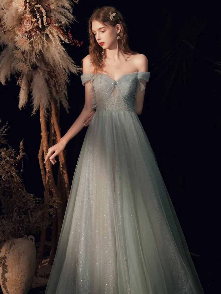 Gray  tulle off shoulder long prom dress, gray tulle formal dress