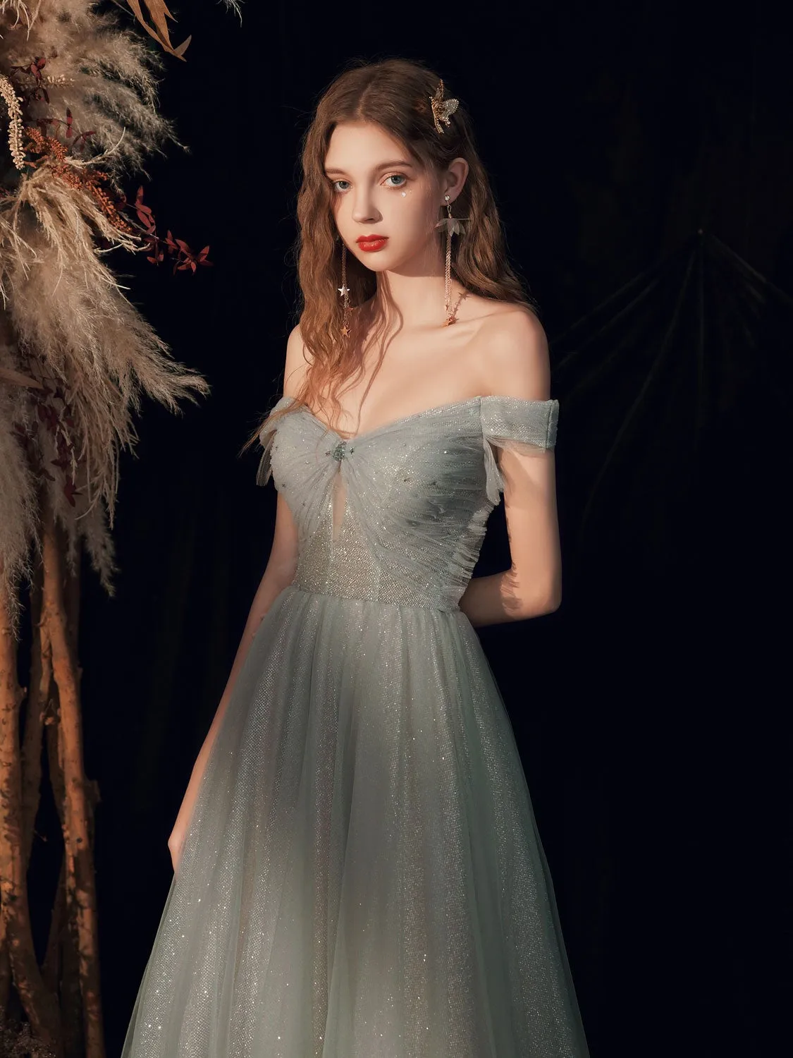Gray  tulle off shoulder long prom dress, gray tulle formal dress