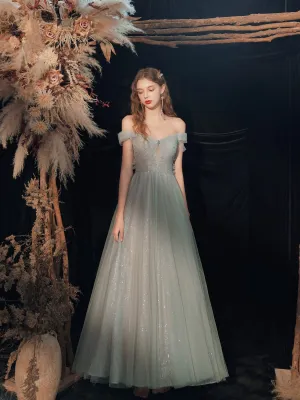 Gray  tulle off shoulder long prom dress, gray tulle formal dress