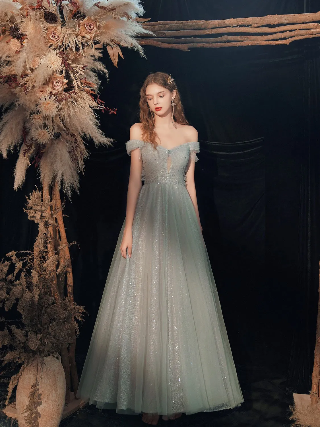 Gray  tulle off shoulder long prom dress, gray tulle formal dress