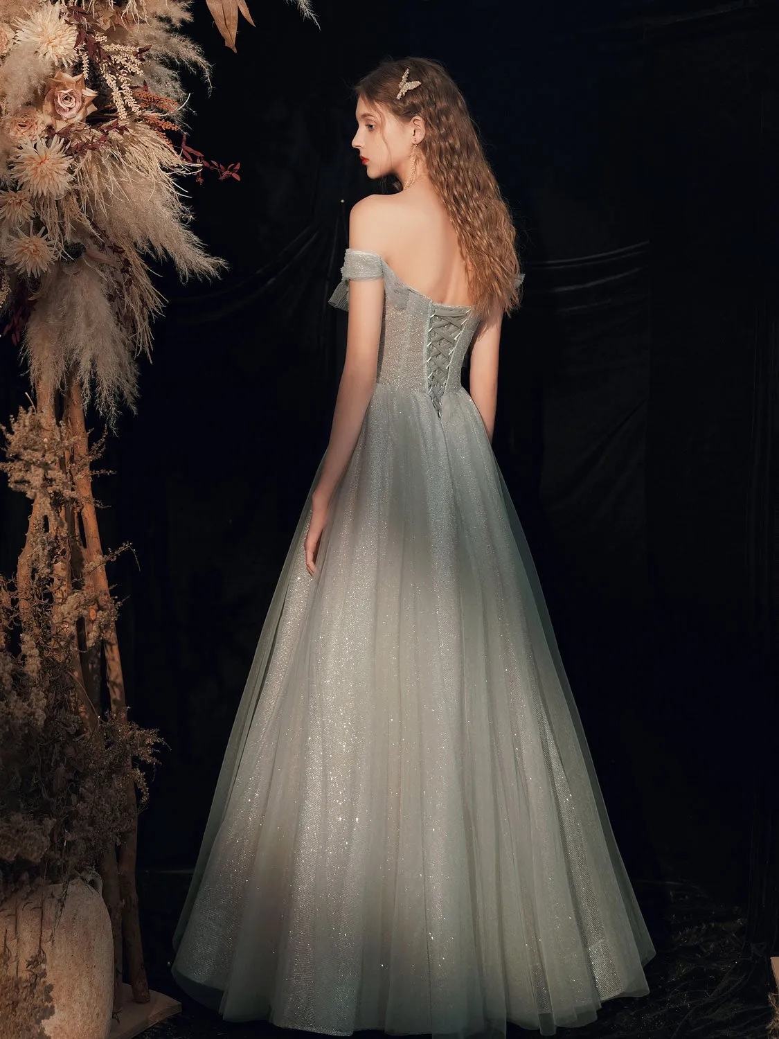 Gray  tulle off shoulder long prom dress, gray tulle formal dress
