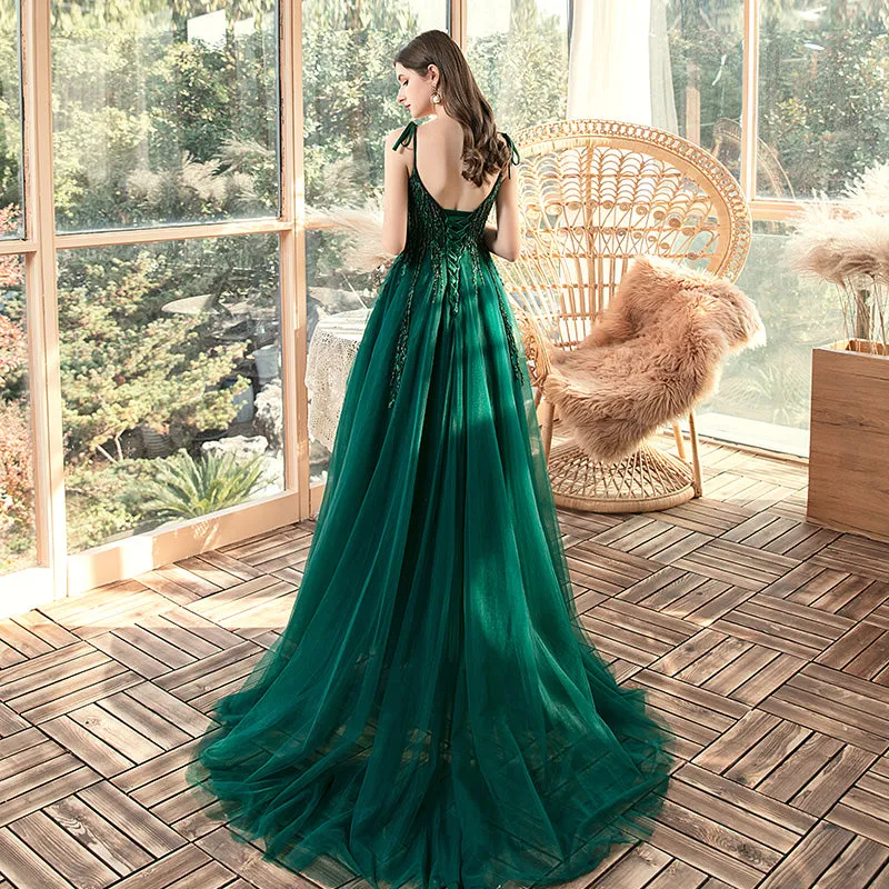 Green Beaded V-neckline Straps Tulle Long Formal Dress, Dark Green A-Line Prom Dress