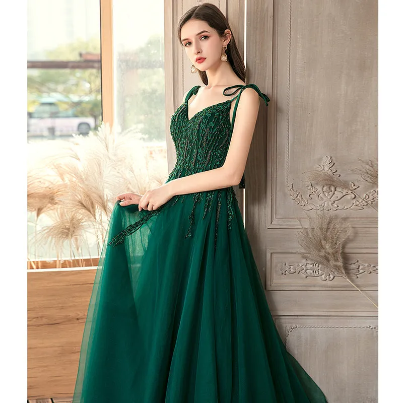 Green Beaded V-neckline Straps Tulle Long Formal Dress, Dark Green A-Line Prom Dress