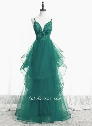 Green Lace and Tulle A-line Layers Long Prom Dress Party Dress, Green Evening Dresses