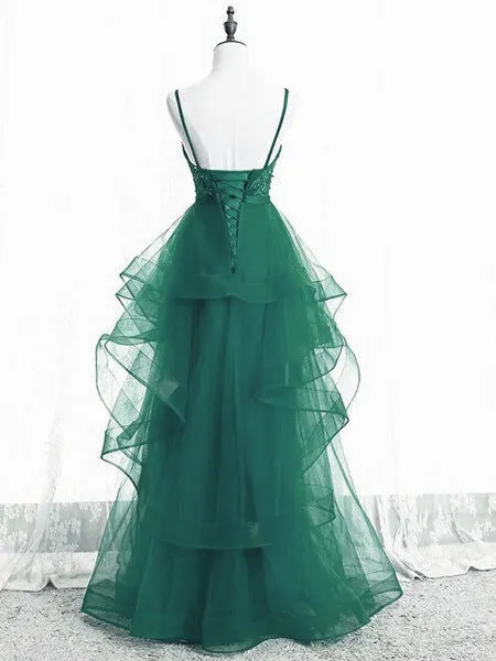 Green Lace and Tulle A-line Layers Long Prom Dress Party Dress, Green Evening Dresses