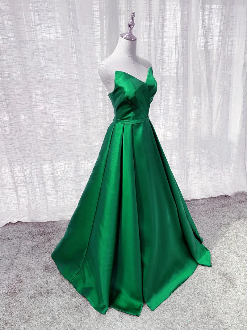 Green Satin A-line Floor Length Long Evening Dress Party Dress, Green Long Prom Dress