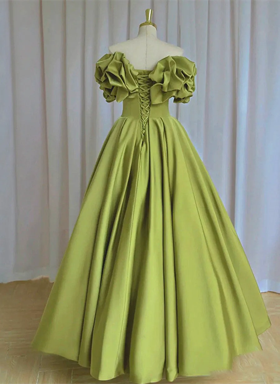 Green Satin Long Off Shoulder Lace-up Party Dress, Green Formal Dress