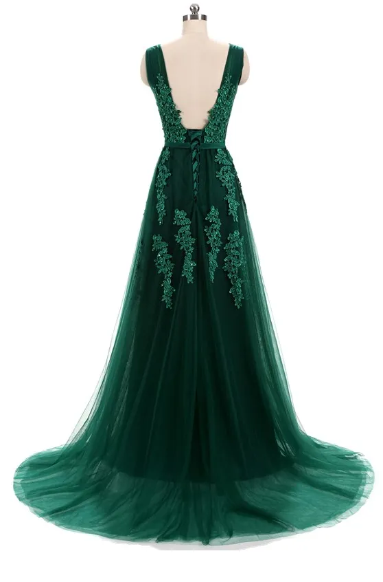 Green Tulle V-neckline Long Applique Party Gowns, Dark Green Prom Dress, Formal Dress