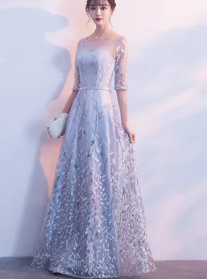 Grey A-line Tulle with Lace Short Sleeves Formal Dress, Grey Party Dress Evening Dress