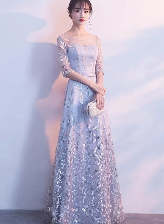 Grey A-line Tulle with Lace Short Sleeves Formal Dress, Grey Party Dress Evening Dress