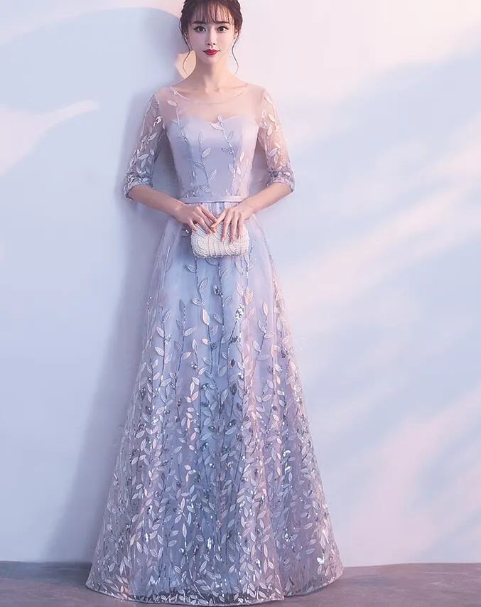 Grey A-line Tulle with Lace Short Sleeves Formal Dress, Grey Party Dress Evening Dress