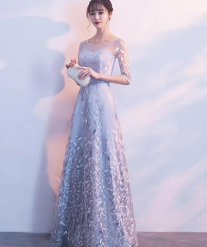 Grey A-line Tulle with Lace Short Sleeves Formal Dress, Grey Party Dress Evening Dress