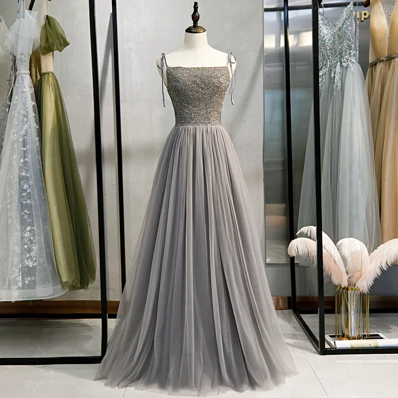 Grey Tulle Beaded Straps A-line Long Formal Dress, New Prom Dress Party Dress