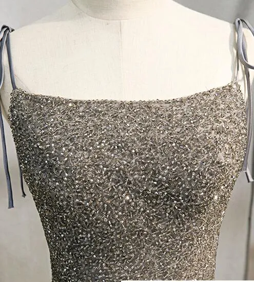 Grey Tulle Beaded Straps A-line Long Formal Dress, New Prom Dress Party Dress