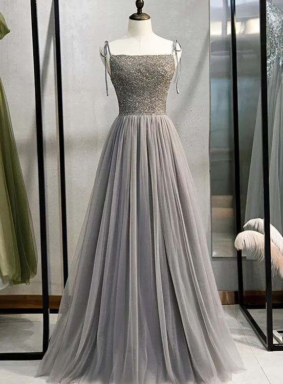 Grey Tulle Beaded Straps A-line Long Formal Dress, New Prom Dress Party Dress