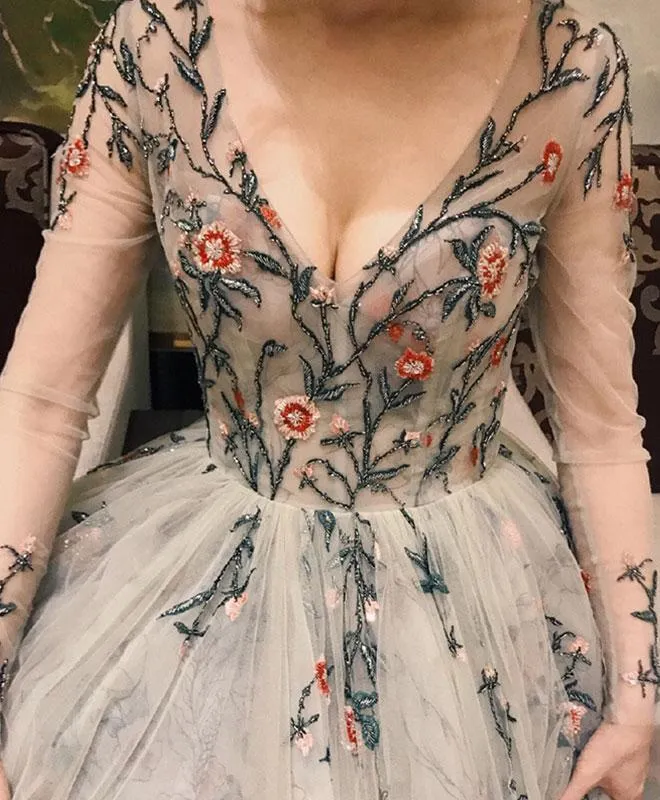 Grey Tulle Long Sleeve Prom Dresses V-neck A-line, Embroidery Prom Dress Long Evening Dress