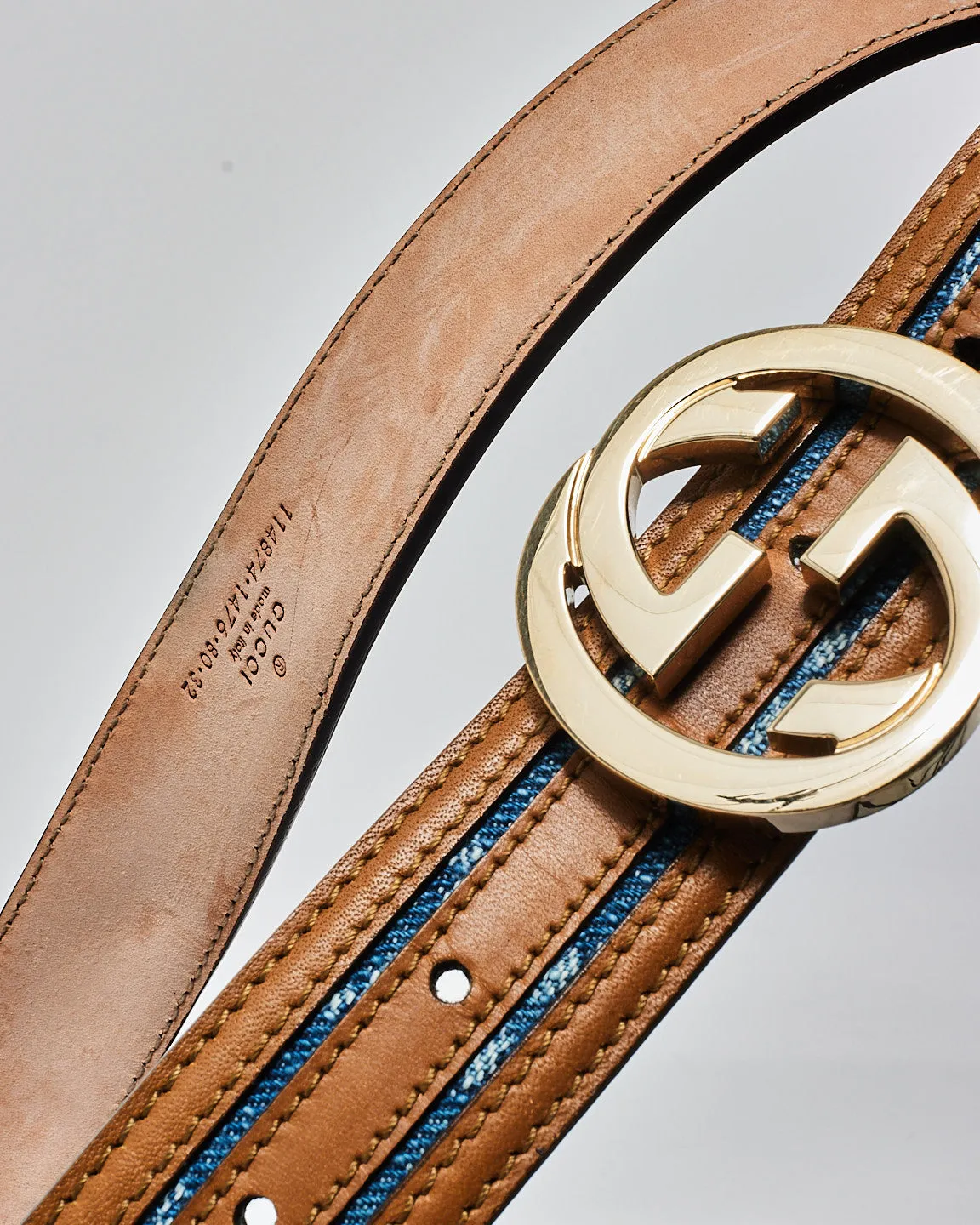 Gucci Brown Leather & Denim Monogram Logo Belt - 80/32