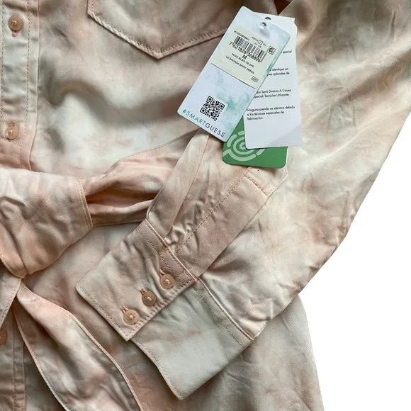Guess Rose Bliss La Shonda Pink Tie Dye Button Down Belted Shirt Dress Size M
