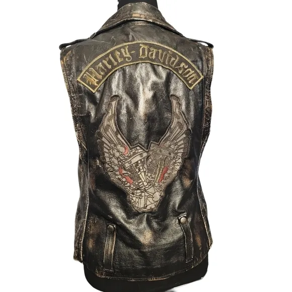 Harley-davidson retro distressed leather swing arm back patch vest