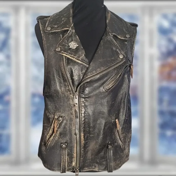Harley-davidson retro distressed leather swing arm back patch vest