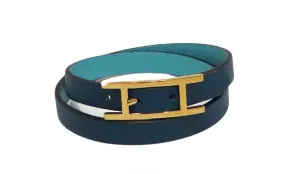 Hermes Behapi Double Tour Two-Toned Blue Leather Wrap Bracelet