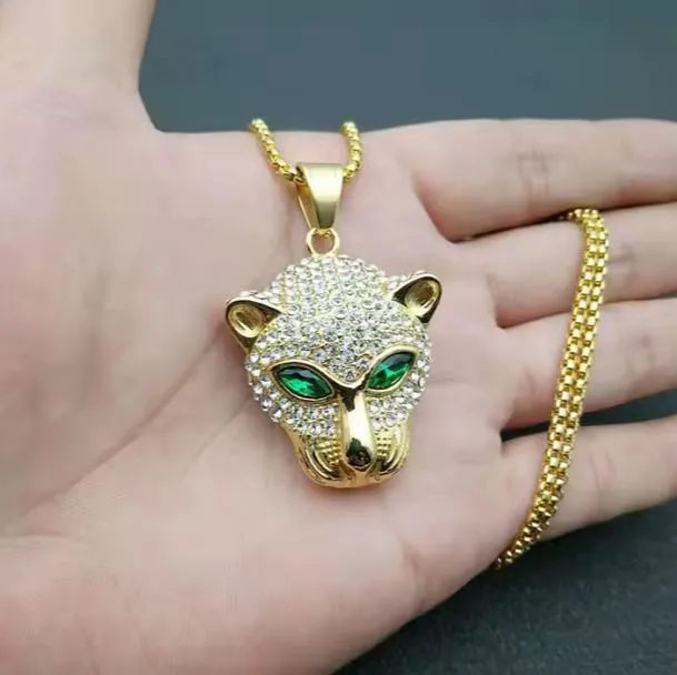 Hip Hop Necklace Jewelry with Zirconia 18k Gold Plated Stainless Steel 24" Iced Out Green Eye Leopard Pendant Necklace