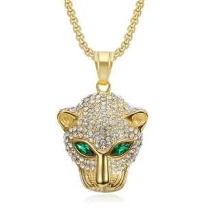 Hip Hop Necklace Jewelry with Zirconia 18k Gold Plated Stainless Steel 24" Iced Out Green Eye Leopard Pendant Necklace