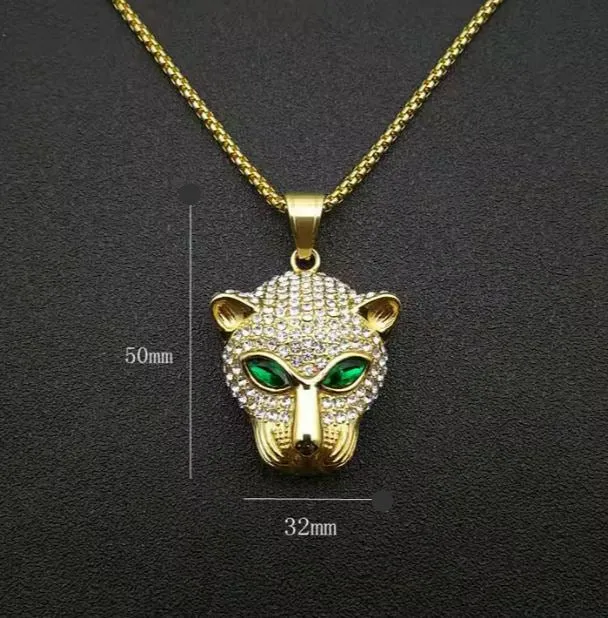 Hip Hop Necklace Jewelry with Zirconia 18k Gold Plated Stainless Steel 24" Iced Out Green Eye Leopard Pendant Necklace
