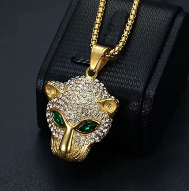 Hip Hop Necklace Jewelry with Zirconia 18k Gold Plated Stainless Steel 24" Iced Out Green Eye Leopard Pendant Necklace