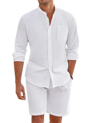 Holiday Simple Cozy Long Sleeve Shirt   Casual Shorts for Men