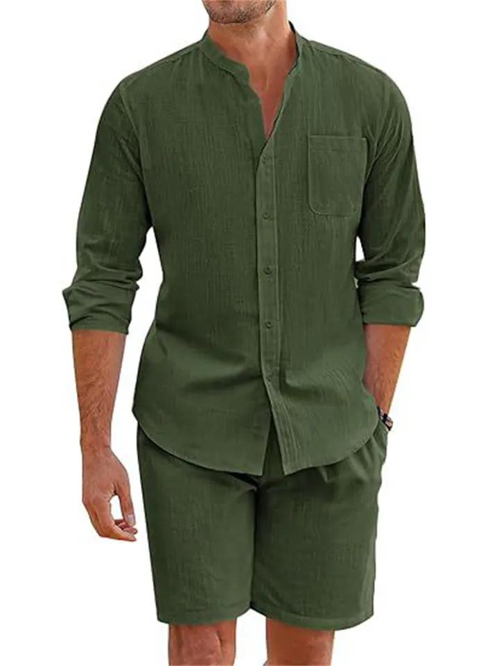 Holiday Simple Cozy Long Sleeve Shirt   Casual Shorts for Men