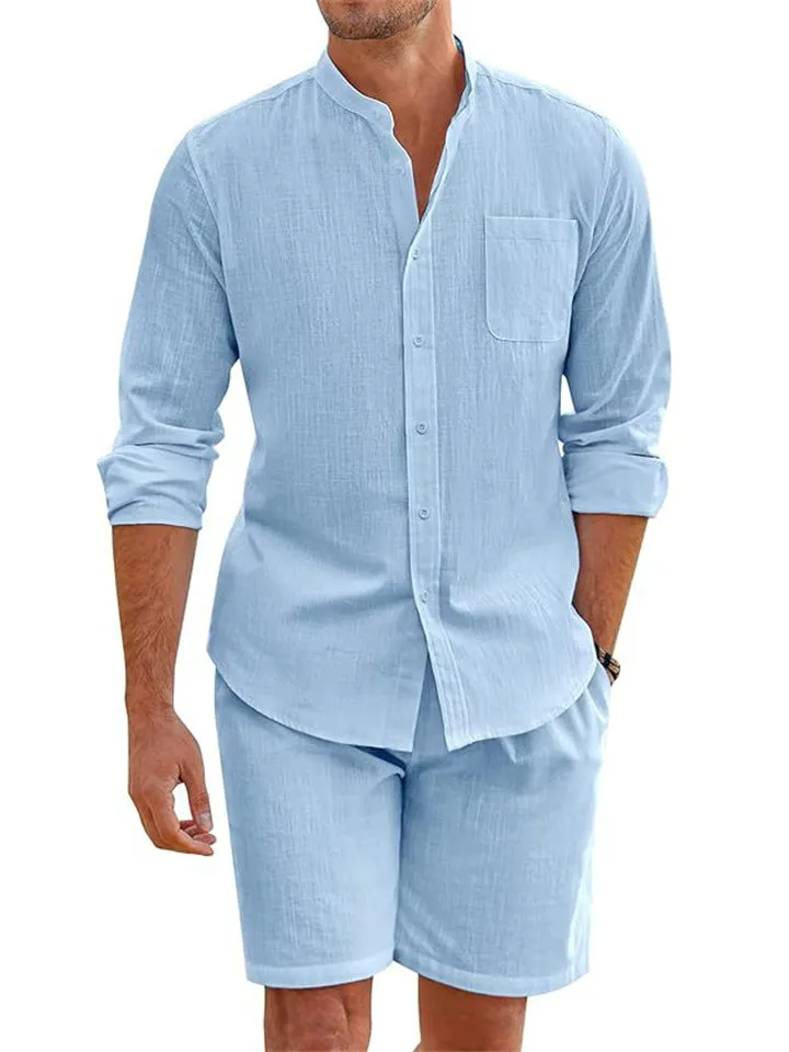 Holiday Simple Cozy Long Sleeve Shirt   Casual Shorts for Men