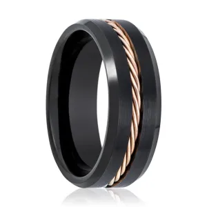 HORATIO | Black Tungsten Ring, Rose Gold Rope, Beveled
