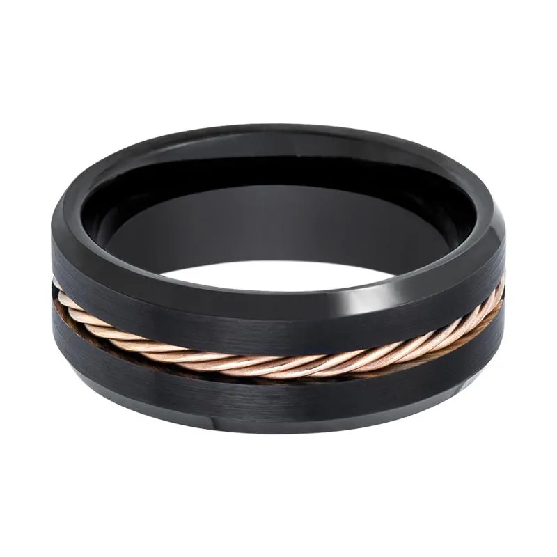 HORATIO | Black Tungsten Ring, Rose Gold Rope, Beveled