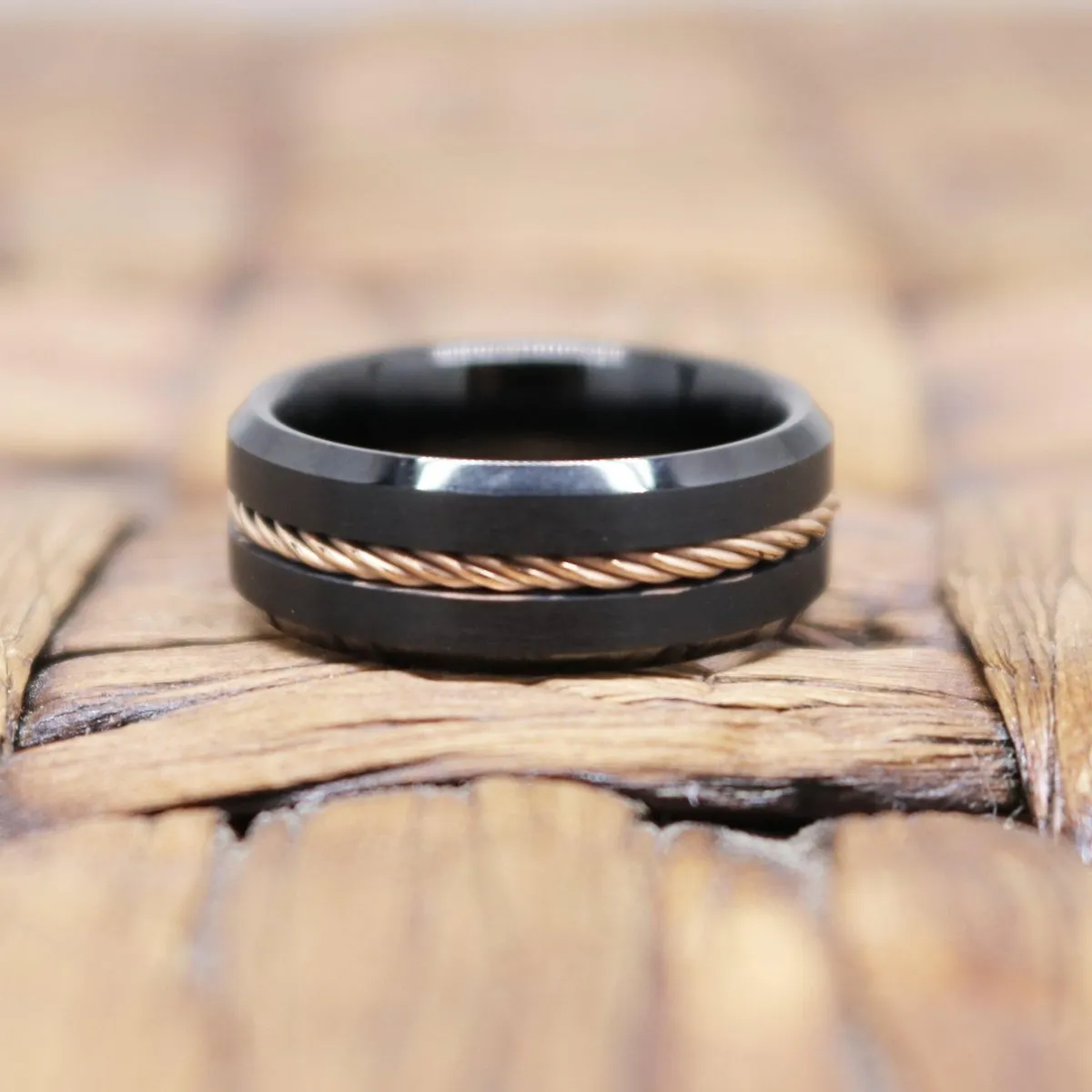 HORATIO | Black Tungsten Ring, Rose Gold Rope, Beveled