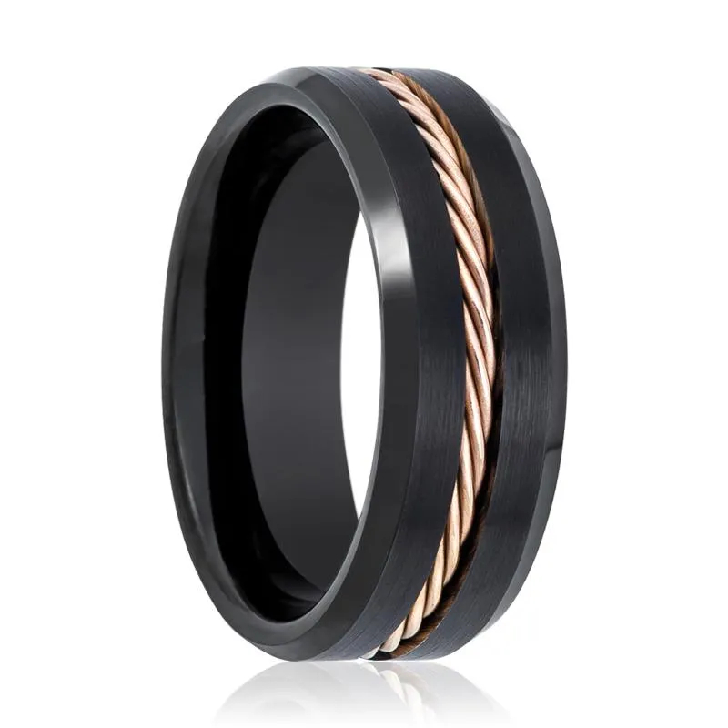 HORATIO | Black Tungsten Ring, Rose Gold Rope, Beveled