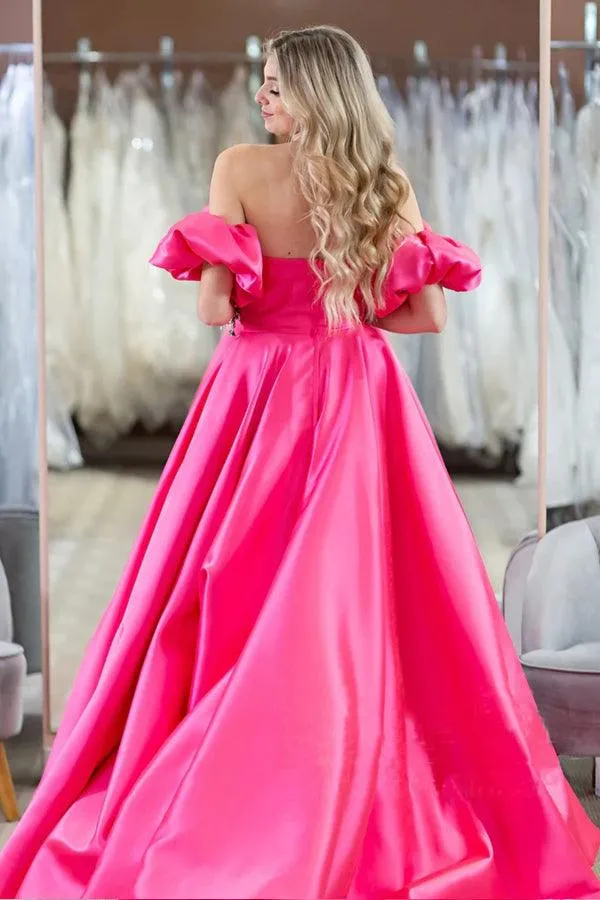Hot Pink Puff Sleeves Off The Shoulder Simple Prom Formal Dresses TP1201