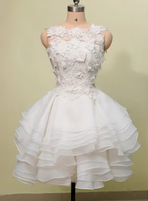 Ivory Short Layers Graduation Dress, Cute Round Neckline Knee Length Party Dress