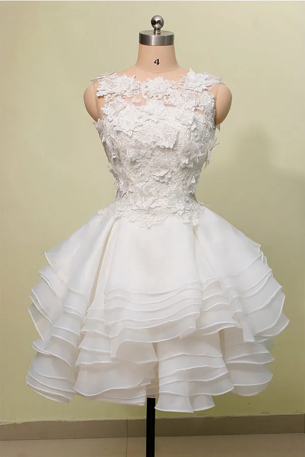 Ivory Short Layers Graduation Dress, Cute Round Neckline Knee Length Party Dress