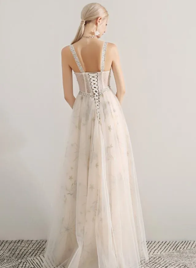 Ivory Sweetheart Straps Long Formal Dress, A-line Ivory Tulle Evening Dress Prom Dress