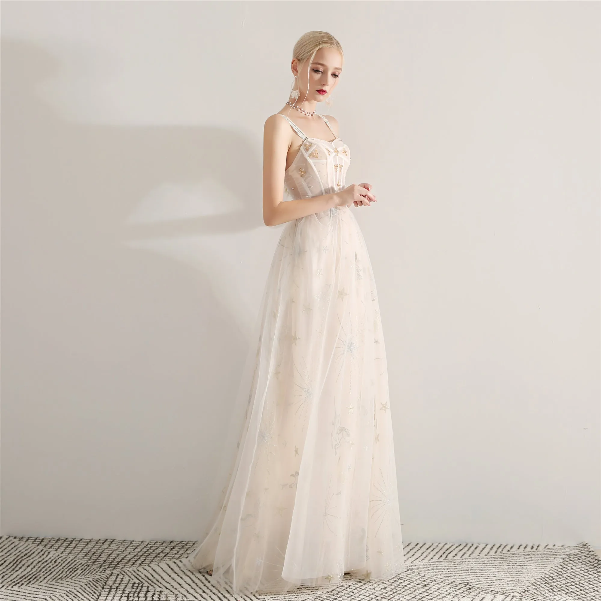 Ivory Sweetheart Straps Long Formal Dress, A-line Ivory Tulle Evening Dress Prom Dress