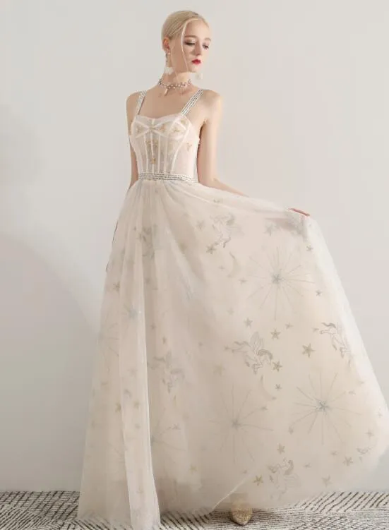 Ivory Sweetheart Straps Long Formal Dress, A-line Ivory Tulle Evening Dress Prom Dress