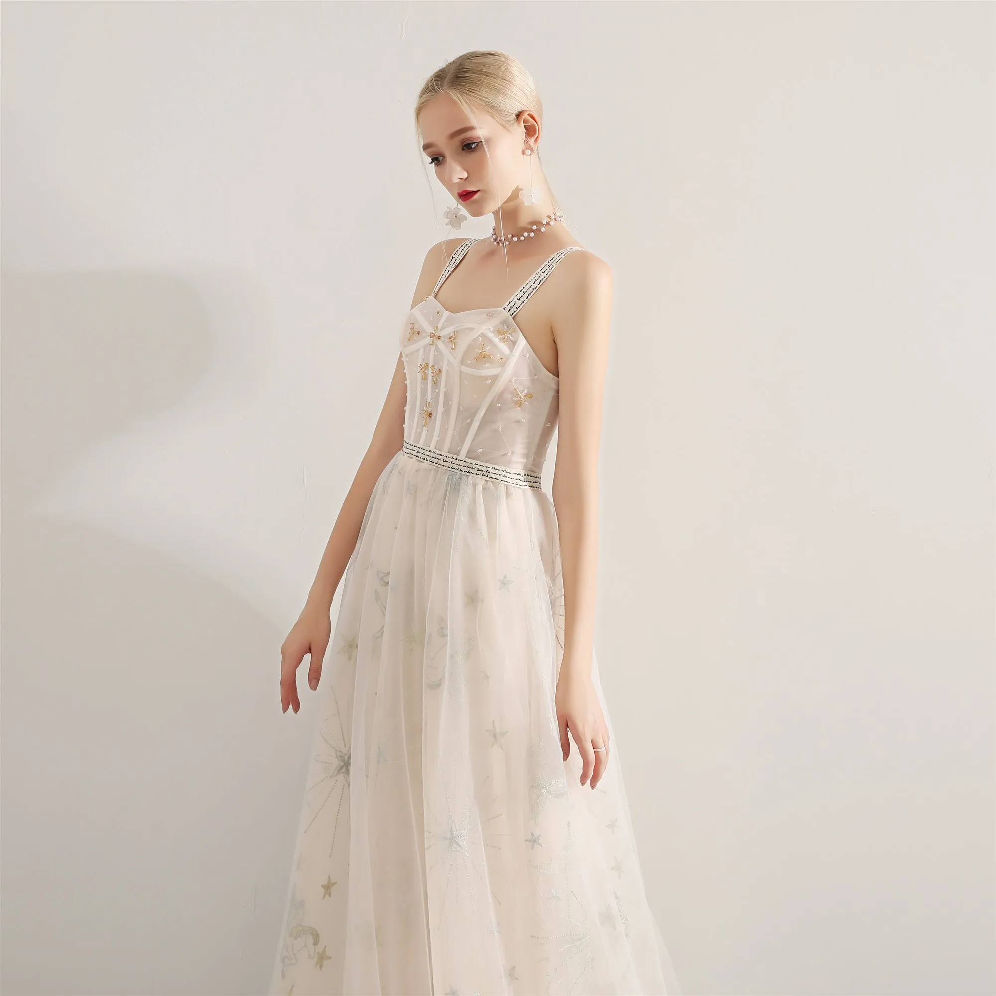 Ivory Sweetheart Straps Long Formal Dress, A-line Ivory Tulle Evening Dress Prom Dress
