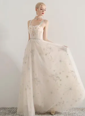 Ivory Sweetheart Straps Long Formal Dress, A-line Ivory Tulle Evening Dress Prom Dress